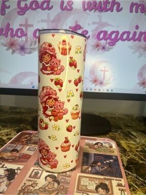 Strawberry Character Pink Skinny Tumbler - Cute Printed Travel Cup